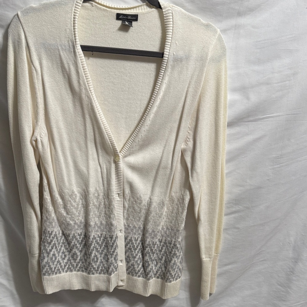 Eddie Bauer Cream and Gray Patterned Cardigan